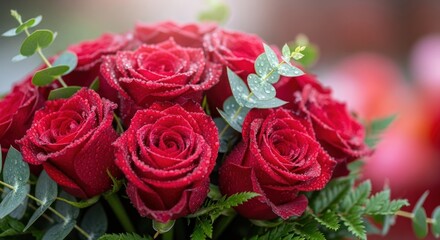 Obraz premium A beautiful bouquet of red roses with water droplets on their petals, surrounded by greenery and a blurred background.