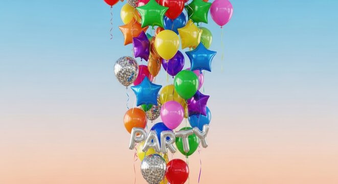 A colorful balloon bouquet against a blue sky background.