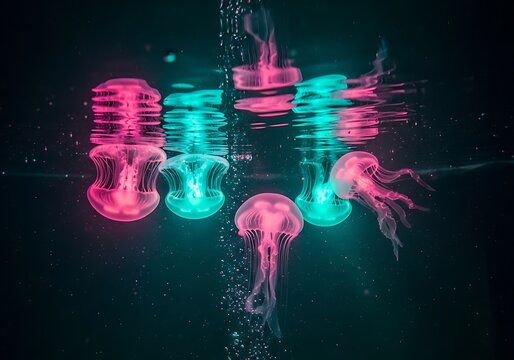 Surreal underwater scene featuring vibrant bioluminescent jellyfish aggregation