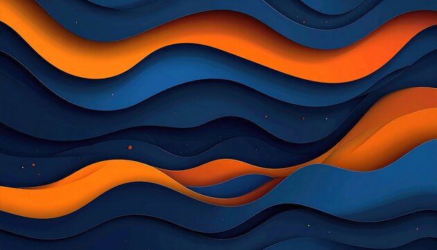 A layered abstract design features undulating waves of orange and navy blue, creating a sense of depth and movement, against a dark backdrop - Powered by Adobe
