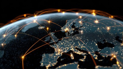 Network of connections over Europe highlighted by glowing nodes in a digital globe at night