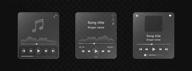 Set of music media player in glass style. Multimedia glassmorphism frame