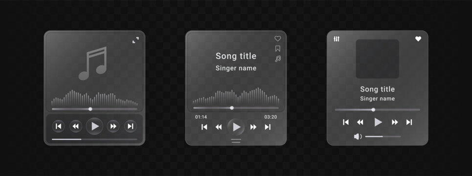 Set of music media player in glass style. Multimedia glassmorphism frame