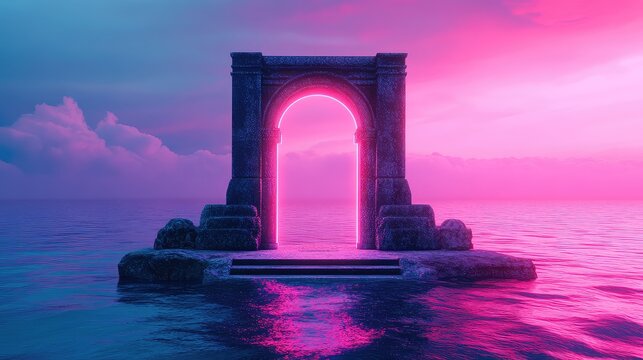 Stone archway with glowing neon portal over surreal water