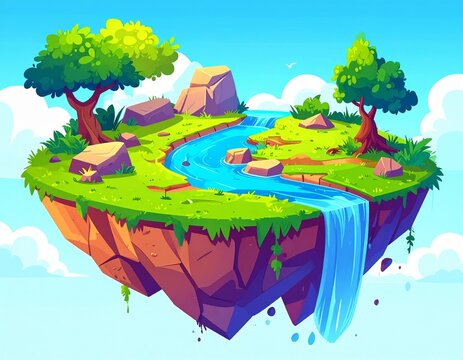 Cartoon floating island with waterfall river, rocks, trees. Landscape illustration 