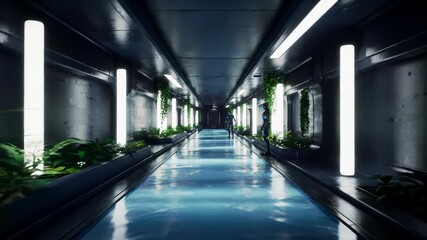 Smooth forward dolly video through a dimly lit futuristic corridor, dark metallic walls, bioluminescent green foliage, glowing pathway, deep focus. Serene high-tech atmosphere - Powered by Adobe
