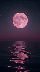 A glowing pink full moon rises over calm ocean waters, casting a shimmering pink reflection under a clear starry night sky, creating a dreamy and surreal atmosphere.