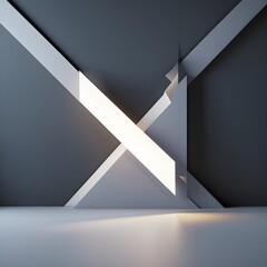 Minimalist geometric interior with intersecting illuminated lines and clean modern shapes, creating a futuristic abstract atmosphere with soft lighting and smooth surfaces.