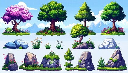 Pixelated Nature Elements Featuring Trees Rocks and Waterfalls. A collection of pixel