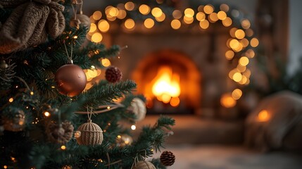 A warm Christmas scene with a decorated tree, glowing ornaments, and soft golden lights near a cozy fireplace, creating a festive holiday atmosphere.