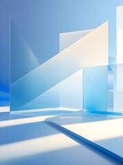 Minimalist abstract scene with geometric glass panels, soft gradients, and clean blue-white lighting creating a modern, futuristic architectural atmosphere.
