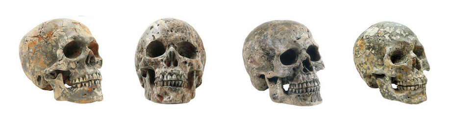 Obraz premium Four ancient weathered stone skulls in profile and front view isolated on transparent background