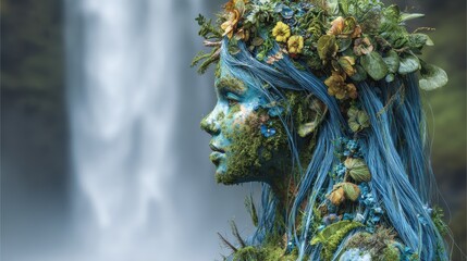 Fototapeta premium surreal portrait of mother earth figure adorned with flowers green plants blue hair flows like water backdrop features misty waterfall vibrant ecosystem nature life global environmental