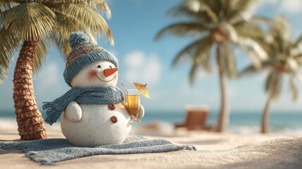 a snowman sitting on a tropical beach sipping a drink under a palm tree christmas marketing photo christmas travel  holiday advertising website advert christmas