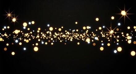 A festive golden garland with sparkling stars and glittering lights against a black background.