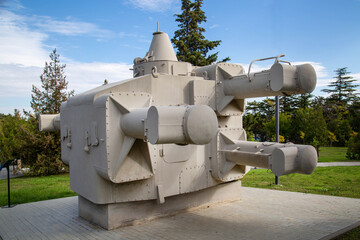 The hull of a warship's command and range station on a clear sunny day. Military equipment of the...