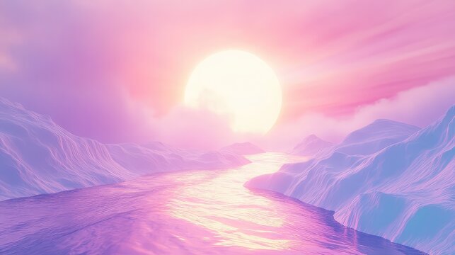 Glowing sun setting over a stylized purple river landscape - Powered by Adobe