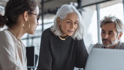 Focused team of people gathered around laptop discussing project details during office meeting. Coworkers planning work tasks together for important business goal. Group supports efficient work.