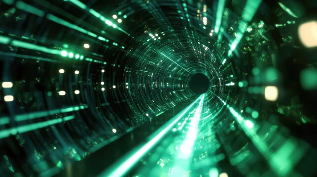 Digital data flowing through abstract green tunnel