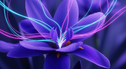 A vibrant purple flower with neon blue and pink light trails emerging from its petals.