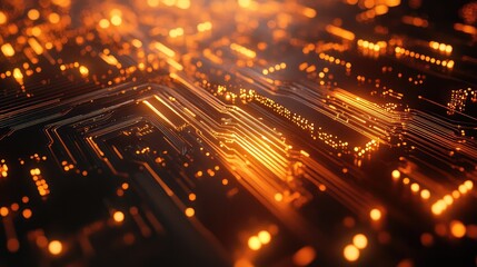 Glowing orange circuit board lines creating data flow network