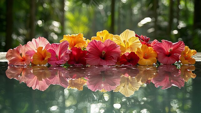 Vibrant hibiscus flowers in full bloom, floating on water and reflecting in a serene pool against a blurred green forest background, creating a tranquil and exotic tropical floral arrangement.