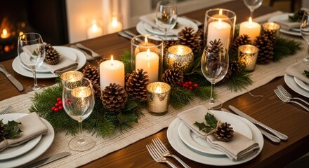A beautifully decorated dining table with pine cones, candles, and holiday greenery for a festive holiday dinner.