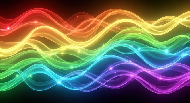 A rainbow-colored wave pattern with glowing lights and sparkles on a black background.