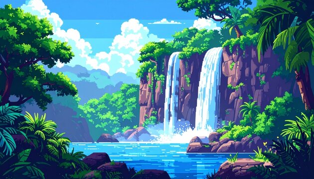 Jungle cliff with waterfall in pixel art style with lush greenery. A retro-style pixe 