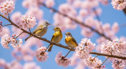 Three birds perched on a branch amidst cherry blossoms.