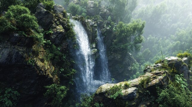 Majestic waterfall cascading through lush greenery in a tranquil forest setting during the early morning light