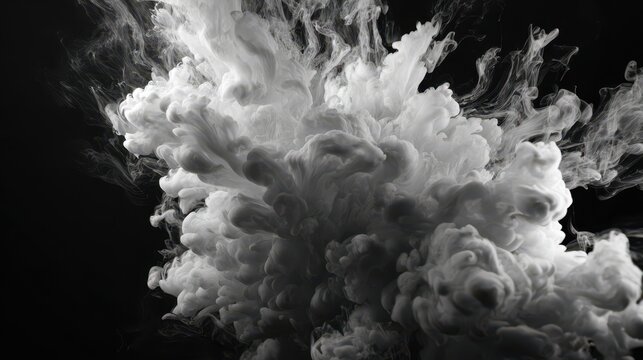 Swirling black and white smoke creates an abstract pattern in a dark background