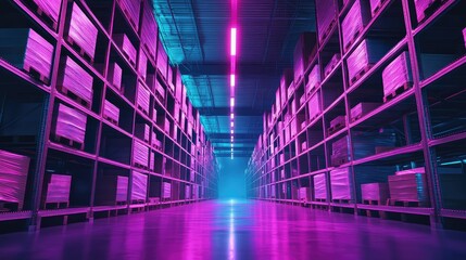 Futuristic warehouse storing products with purple neon lighting