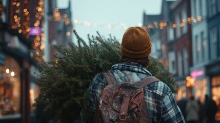 father carrying christmas tree on shoulder in festive urban street with lights joyful holiday shopping preparation