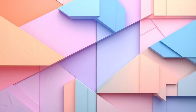 Abstract pastel shapes create a geometric collage of interlocking forms, with soft shadows adding depth and texture