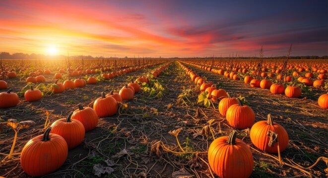 A pumpkin patch with rows of pumpkins under a colorful sunset sky. - Powered by Adobe
