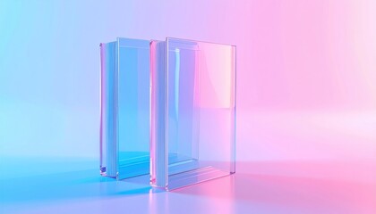 Three glass squares stand, reflecting vibrant blue and pink hues on a glossy surface