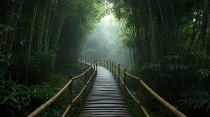 A winding wooden boardwalk path through the lush green forest landscape, leading over water and past towering trees