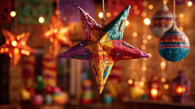 vibrant las posadas celebration decoration featuring a traditional star pi&ntilde;ata hanging against a warm festive lights background showcasing colorful hispanic holiday decor and joyful mexican christmas