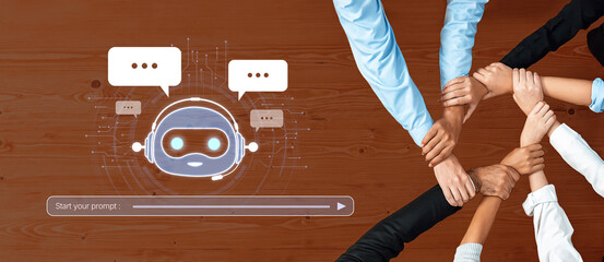 A group of diverse professionals joins hands in a collaborative effort, symbolizing teamwork and innovation alongside AI technology for better communication and productivity. Trope