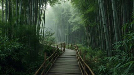 A natural pathway and wooden walkway wind through a green forest landscape