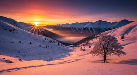 A lone tree stands in a snowy landscape at sunset, with mountains in the background.