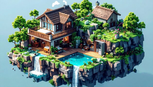 Voxel Art Fantasy Island Home with Waterfall. A charming isometric voxel art renderin - Powered by Adobe