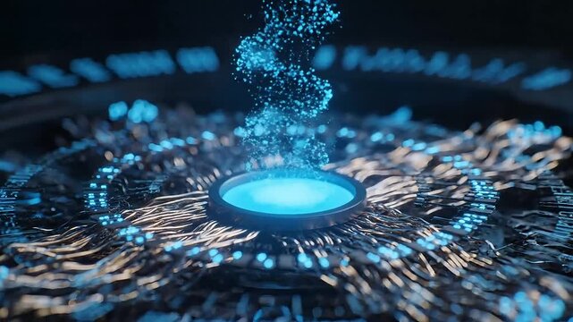 Futuristic glowing blue energy core generating swirling digital particles in a dark, high-tech environment