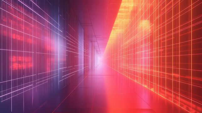 Abstract digital tunnel with glowing neon grid lines