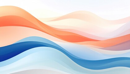 Fototapeta premium Abstract flowing design with layered wavy shapes in gradients of orange, peach, blue, and white, resembling soft, dynamic terrain