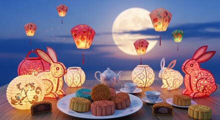 A festive table setting with mooncakes, lanterns, and rabbit decorations against a moonlit sky.