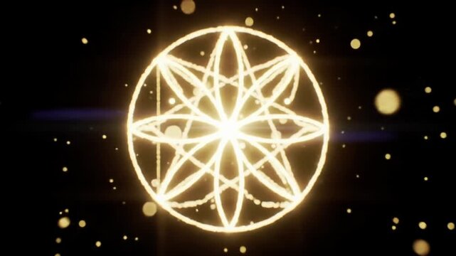 Glowing Flower of Life sacred geometry and Metatron's Cube pulsate in deep space, ethereal golden particles drift, cinematic dolly zoom. Concept of cosmic wonder