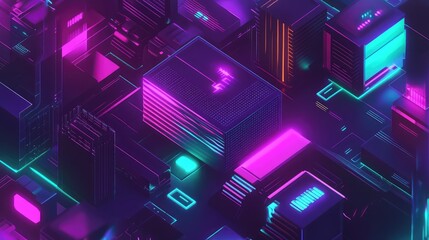 Glowing isometric cityscape with purple and blue neon lights