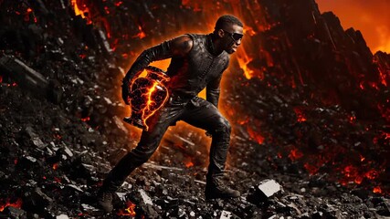 soldier hero wearing mask and armor traverses lava field. action stance expresses battle intent and kinetic energy. volcano backdrop adds molten rock and ember contrast. suit texture bears scorch